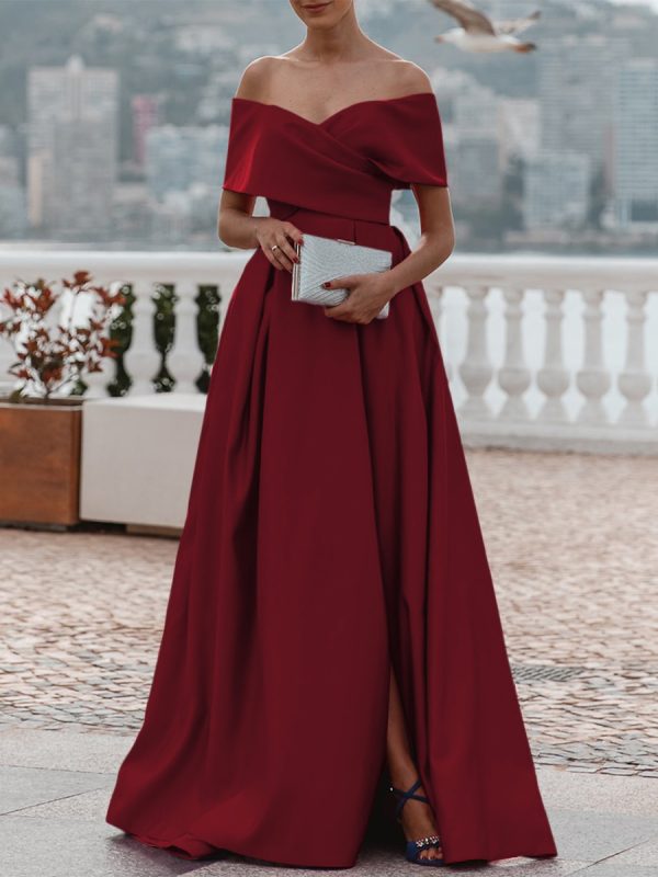 Evening Dress A-Line Off-The-Shoulder Satin Fabric With Train Pleated Formal Dinner Dresses