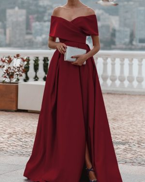 Evening Dress A-Line Off-The-Shoulder Satin Fabric With Train Pleated Formal Dinner Dresses