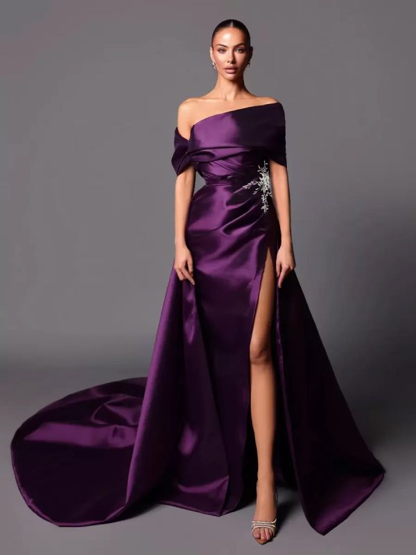 Evening Dress A-Line Off-The-Shoulder With Train Sleeveless Lace-up Pleated Satin Fabric Social Pageant Dresses