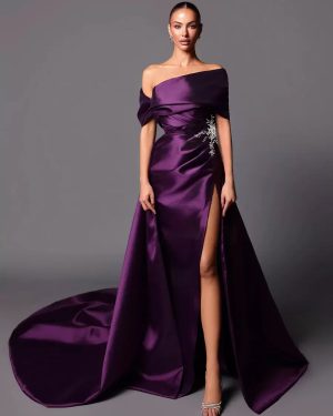 Evening Dress A-Line Off-The-Shoulder With Train Sleeveless Lace-up Pleated Satin Fabric Social Pageant Dresses
