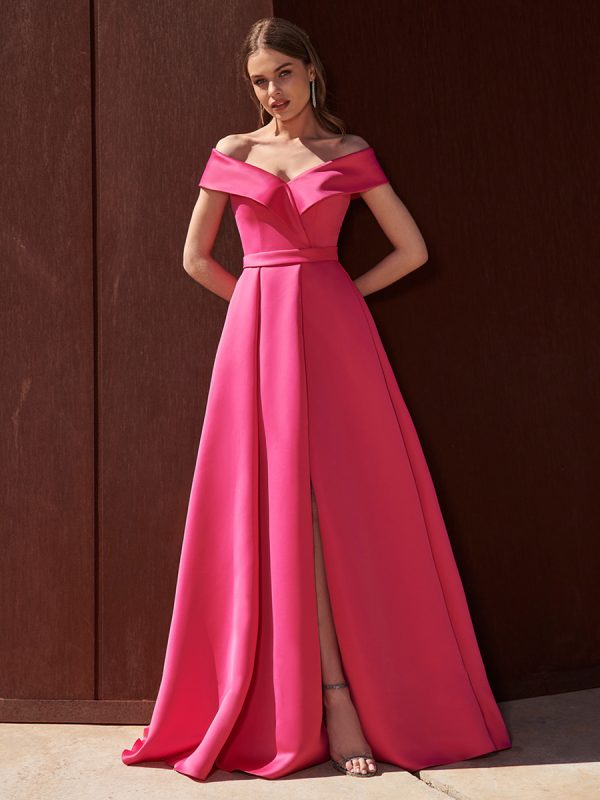 Evening Dress A-Line Off-The-Shoulder With Train Sleeveless Zipper Pleated Satin Fabric Formal Party Dresses