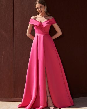 Evening Dress A-Line Off-The-Shoulder With Train Sleeveless Zipper Pleated Satin Fabric Formal Party Dresses