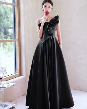 Evening Dress A-Line One-Shoulder Satin Floor-Length Bows Formal Dinner Dresses Free Customization
