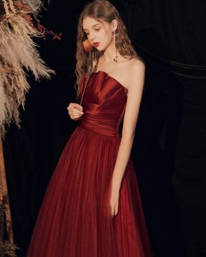 Evening Dress A-Line Strapless Floor-Length Sleeveless Lace-up Pleated Matte Satin Formal Dinner Dresses