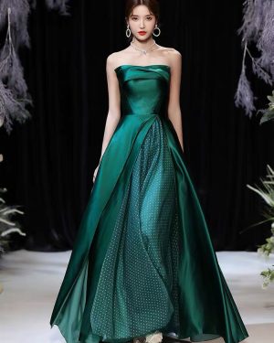 Evening Dress A-Line Strapless Satin Fabric Floor-Length Pleated Formal Party Dresses Forest Green Pageant Dress