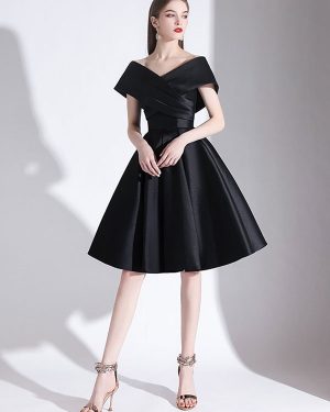 Evening Dress A-Line V-Neck Knee-Length Short Sleeves Lace-Up Pleated Satin Fabric Cocktail Dress Little Black Dress