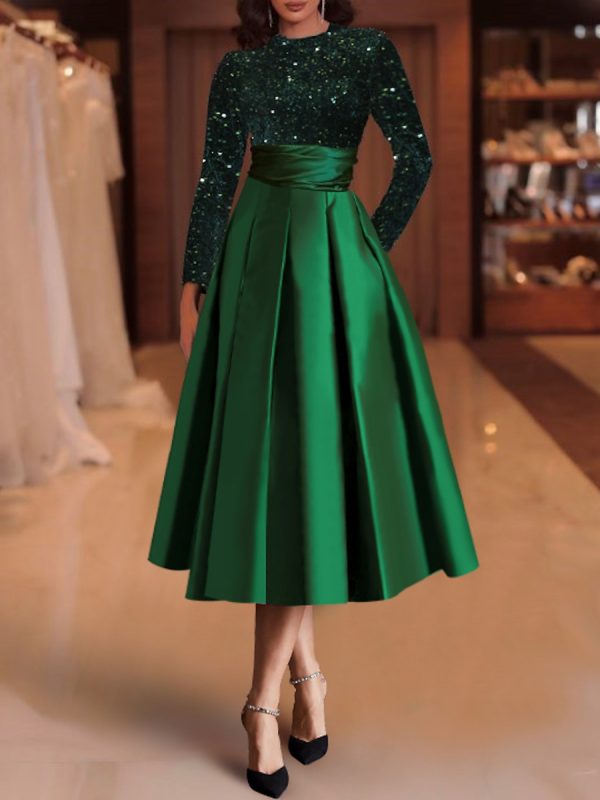 Evening Dress Ball Gown Jewel Neck Satin Fabric Tea-Length Sequins Formal Party Dresses