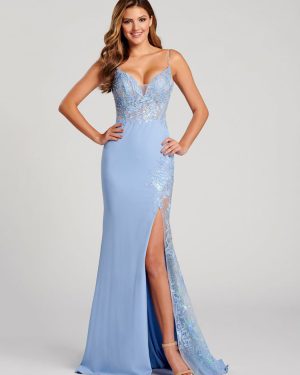 Evening Dress Ball Gown V-Neck Backless Polyester Floor-Length Applique Light Sky Blue Formal Party Dresses