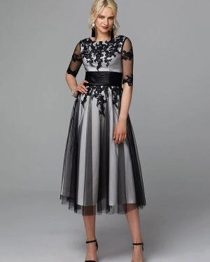Evening Dress Jewel Neck Tea-Length Half Sleeves Lace-Up Applique Mother Of The Bridal Dresses