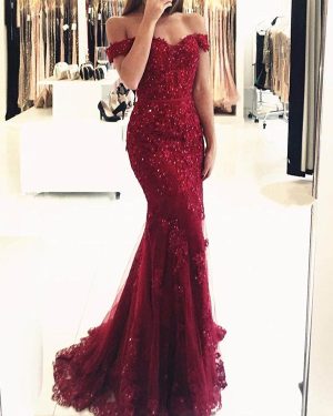 Evening Dress Mermaid Off The Shoulder Lace Tulle Formal Party Dresses