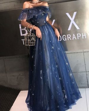 Evening Dress Navy Blue Short Sleeves A-Line Off The Shoulder Floor Length Lace-Up Ruffles Social Party Dresses