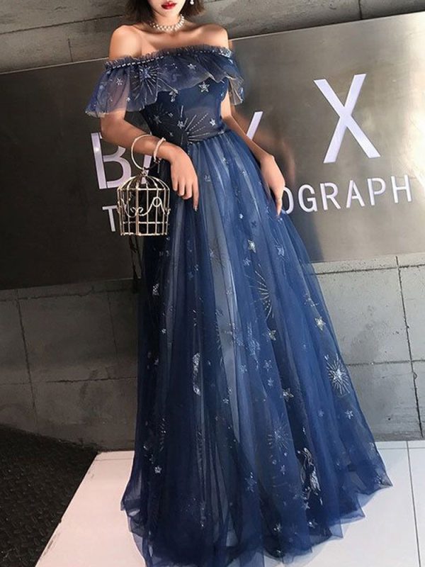 Evening Dress Navy Blue Short Sleeves A-Line Off The Shoulder Floor Length Lace-Up Ruffles Social Party Dresses