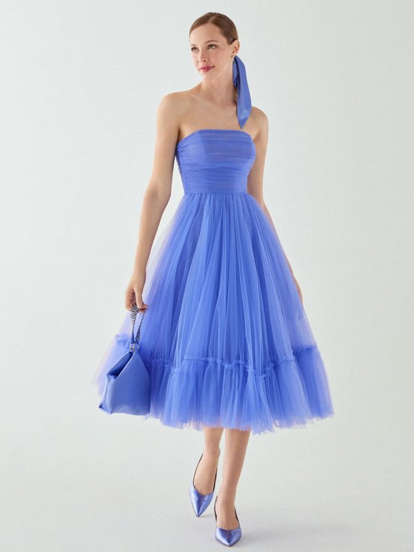 Evening Dress Short Strapless Tea-Length Sleeveless Zipper Pleated Tulle Social Pageant Dresses