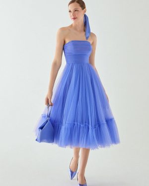 Evening Dress Short Strapless Tea-Length Sleeveless Zipper Pleated Tulle Social Pageant Dresses