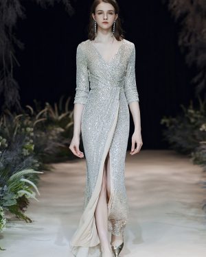 Evening Dress Sliver Sheath V-Neck Floor-Length Long Sleeves Zipper Pleated Sequined Formal Party Dresses