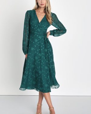 Evening of Elegance Emerald Green Floral Jacquard Wrap Dress