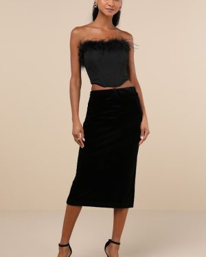 Exceptional Confidence Black Velvet Ruched Midi Skirt