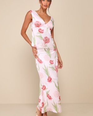 Exceptional Darling Blush Pink Floral Satin High-Rise Midi Skirt