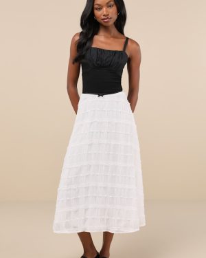 Expert Sweetness White Textured A-Line Midi Skirt