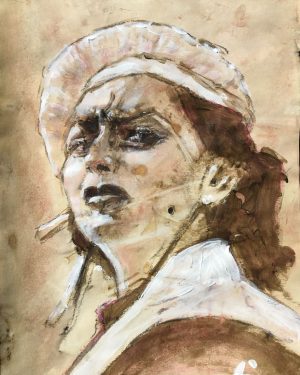 Expressive Portrait Acrylic Painting By Dominique Dève, 24 X 32Cm, The White Beret