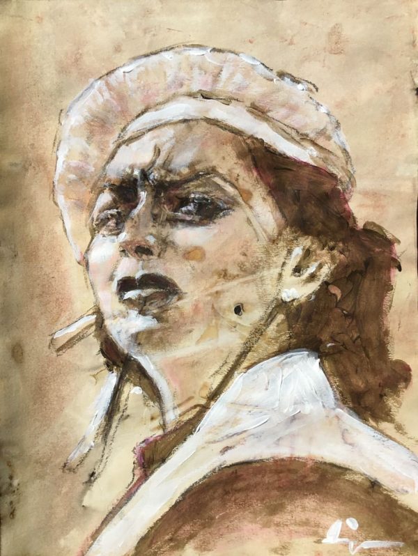 Expressive Portrait Acrylic Painting By Dominique Dève, 24 X 32Cm, The White Beret