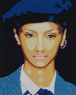 Expressive Portrait Acrylic Painting By Penny Burton, 40 X 50Cm, Blue Beret