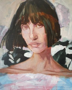 Expressive Portrait Oil Painting By Elina Evstig, 50 X 50Cm, Off-Shoulder Dress