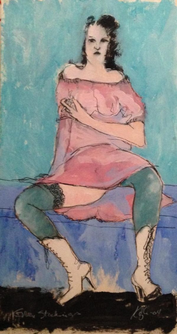 Expressive Portrait Painting By David Kofton, 27 X 48Cm, Green Stockings