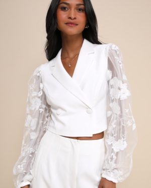 Exquisitely Stylish White Cropped Sheer Balloon Sleeve Blazer
