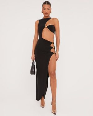 Extreme Cut Out Beaded Detail Split Leg Maxi Dress In Black, Women's Size UK 10