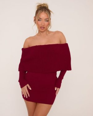 Extreme Fold Over Bardot Mini Bodycon Dress In Burgundy Knit, Women's Size UK Large L