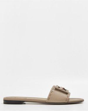 FENDI Baguette Leather Sliders - Beige