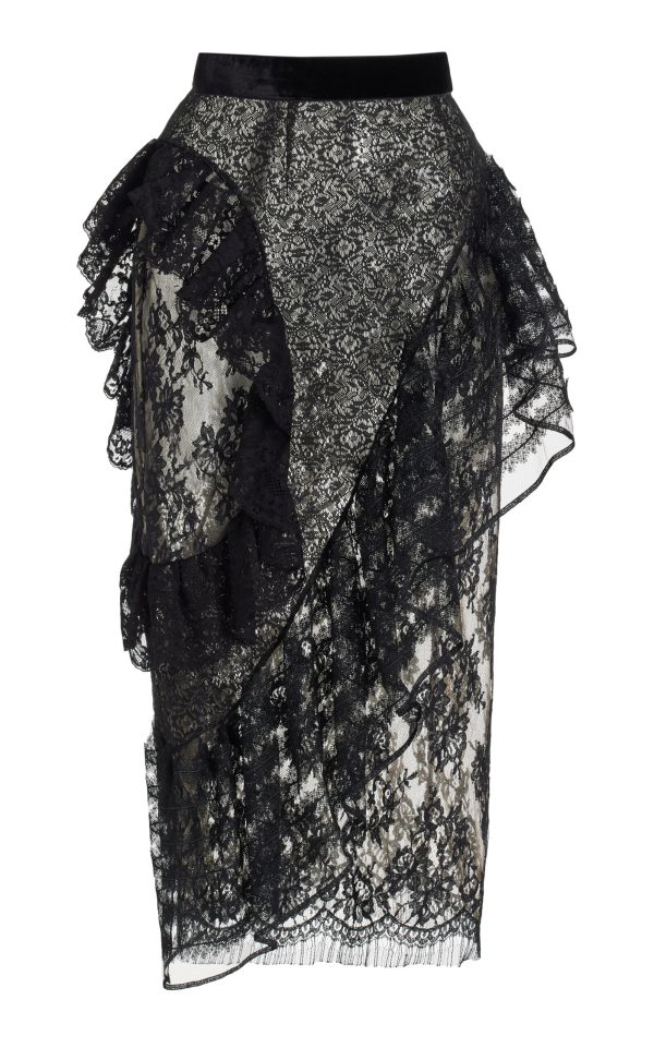 FRANOISE - Exclusive Carine Ruffled Lace Midi Skirt - Black - FR 36 - Moda Operandi