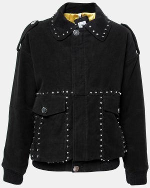 Faith Connexion Black Suede Studded Oversized Bomber Jacket M