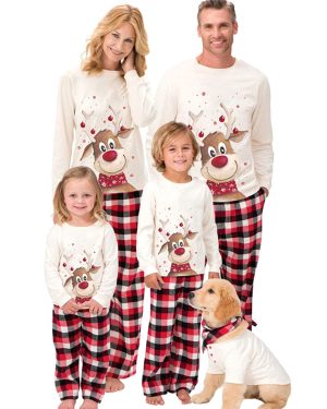 Family Christmas Pajamas Floral Print Red Plaid Pants White Blouse 2-Piece Set