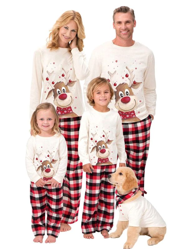 Family Christmas Pajamas Floral Print Red Plaid Pants White Blouse 2-Piece Set