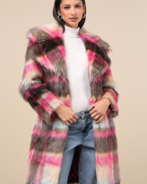 Fancy Brown and Fuchsia Plaid Faux Fur Coat