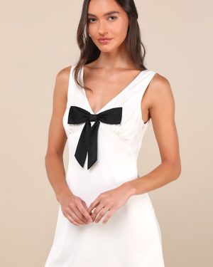 Faradiba Ivory Satin Sleeveless Bow Mini Dress