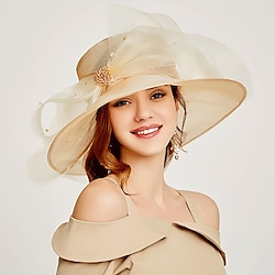 Fascinators Kentucky Derby Hat Headwear Organza Bucket Hat Floppy Hat Sun Hat Holiday Cocktail Elegant Vintage With Rhinestone Cap Headpiece Headwear