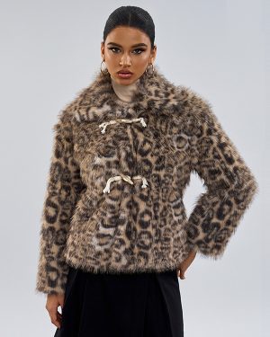 Faux Fur Coats Brown No Waistline Long Sleeves Leopard Print Faux Fur Coat Front Button Winter Coat