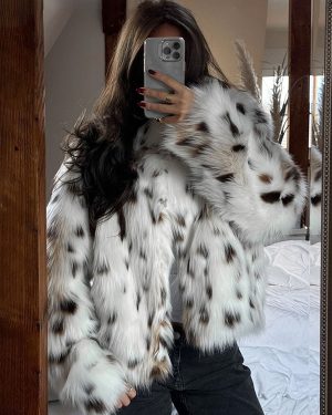 Faux Fur Coats Ecru White Raised Waist Long Sleeves Animal Print Winter Coat