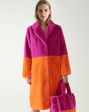 Faux Fur Coats For Women Turndown Collar Long Sleeves Casual Two Tone Stretch V Neck White Long Coat