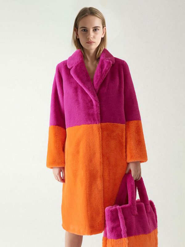 Faux Fur Coats For Women Turndown Collar Long Sleeves Casual Two Tone Stretch V Neck White Long Coat