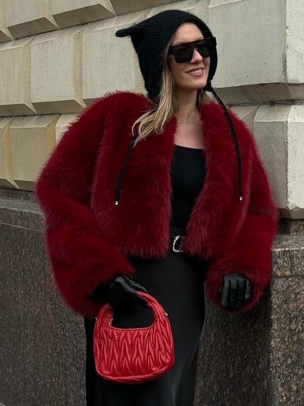 Faux Fur Coats Red Raised Waist Long Sleeves Women Coat