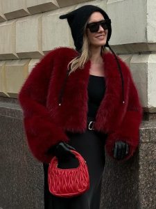 Faux Fur Coats Red Raised Waist Long Sleeves Women Coat