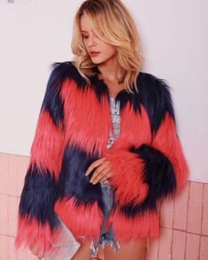 Faux Fur Coats Ture Red Long Sleeves Two-Tone Eco-friendly Fur Coat