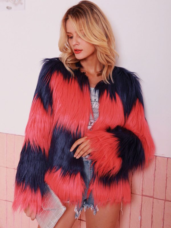 Faux Fur Coats Ture Red Long Sleeves Two-Tone Eco-friendly Fur Coat