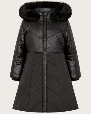 Faux Fur Hooded A-Line Puffer Coat Black