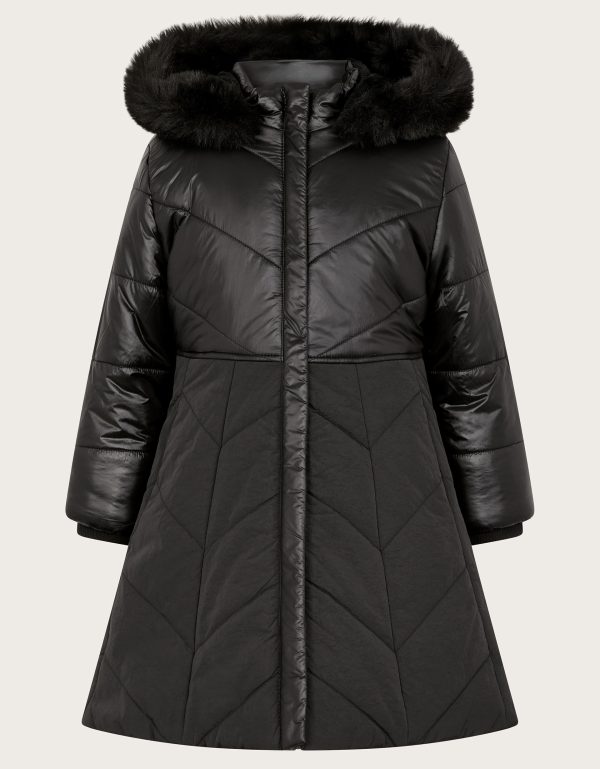 Faux Fur Hooded A-Line Puffer Coat Black
