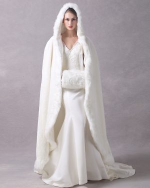 Faux Fur Jacket Wedding Long Bridal Cape Cloak Hooded Ivory Winter Wrap Coat